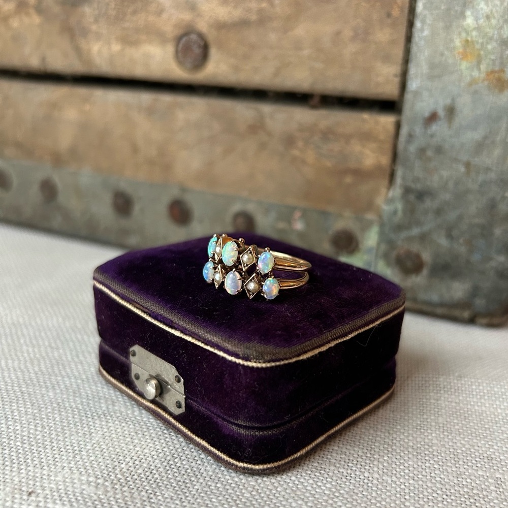 Antique 14K Seed Pearl & Opal Double Ring - Picture 8 of 8